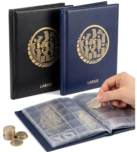 LARIUS Münzalbum für 360 Münzen – 12 Münzblätter à 30 Fächer (30x30 mm) für Münzen bis 25 mm, passend für 2 Euro & Sondermünzen (Schwarz)