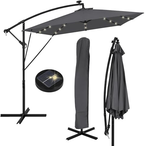 ML-Design Sombrilla de Jardín con LED Solar Ø330cm de Aluminio Antracita Parasol Voladiza de Terraza, Giratoria 360° Inclinable con Manivela Protección Solar UV50+ e Impermeable, incl. Soporte y Funda