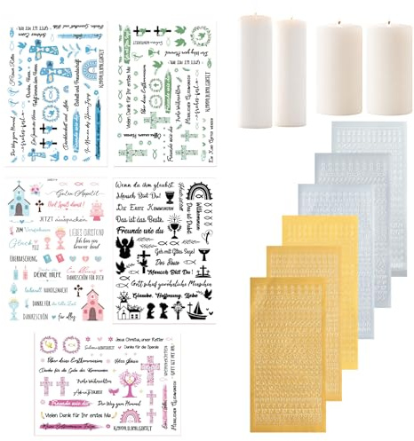 Goiern 11 pièces Autocollants pour Bougie de baptême et Lettres Autocollantes pour Bougies, Set d’Autocollants pour baptême et Communion, Lettres en Cire pour décoration de Bougies et baptême