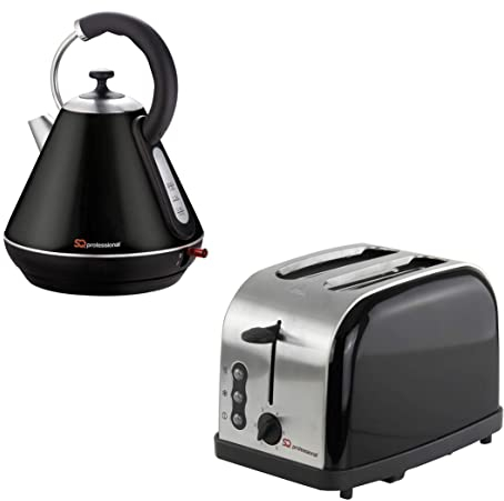 SQ Professional Kettle & Toaster Sets Rapid Boil Electric Kettle Stainless Steel Toaster 2 Slice 6 Browning Controls Defrost Reheat, Crumb Tray (Gems Onyx Black)