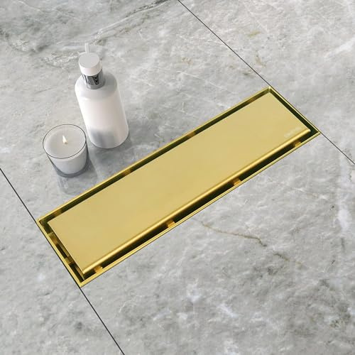 Neodrain 12-Inch Gold Linear Shower Drain, 2-in-1 Flat & Tile Insert Cover, Stainless Steel Linear Drain, Brushed Brass Rectangle Shower Floor Drain with Hair Strainer, Watermark&CUPC Certified