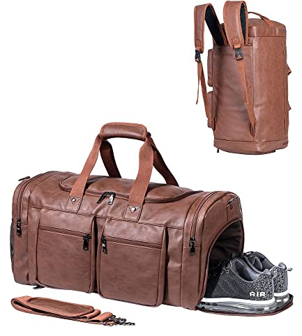 seyfocnia Reisetasche mit Schuhbeutel Reise Tasche für die Nacht, Leder übergroße Wochenendtasche, große Handgepäcktasche, Reisetasche für Damen und Herren, Braun Klassisch