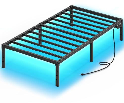 Rolanstar Bed Frame with USB Charging Station, Twin Bed Frame with LED Lights, Platform Bed Frame with Heavy Duty Steel Slats, 14 Storage Space Beneath Bed