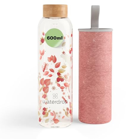 waterdrop® Borraccia in Vetro 600ml – Borraccia Personalizzata con Tappo in Bambù, Custodia Neoprene, Antigoccia, BPA Free – Borracce Design per Sport, Ufficio, Viaggio, Casa