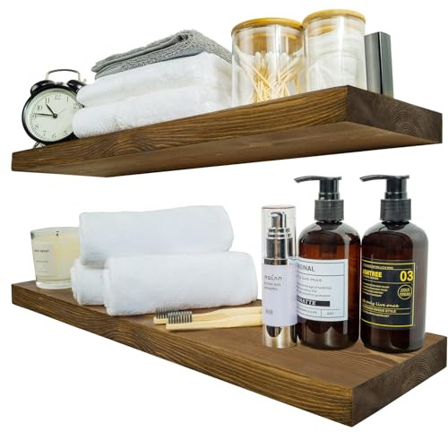 BGMG Wood Floating Shelves for Wall 24 inch Set of 2, Rustic Wooden Wall Mount Shelves for Bathroom Living Room Bedroom Kitchen Farmhouse -24x 6.7 x1.25 inch-Dark Walnut