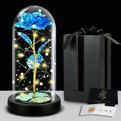 IGUGI Rosa Eterna,La Bella y La Bestia Rosa,Kit de Rosas,Base Removible,Rosa Eterna en Cúpula de Cristal con Luz LED y Tarjeta de Felicitación,para San Valentín/Día de Madre/Boda(Azul)