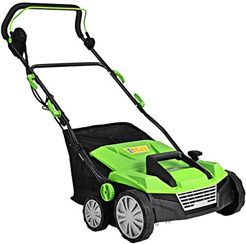 COSTWAY Scarificateur de Pelouse Électrique de 13A, avec Double Interrupteur de Sécurité Réglable à 4 Niveaux Sac de Ramassage de 45 L, Scarificateur et Aérateur Filaire avec 2 Lames (Vert)