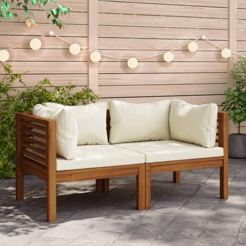 ZEYUAN Ecksofas 2 STK. mit Cremeweißen Kissen, Lounge Sofa Outdoor, Garten Loungemöbel, Gartensofa, Gartenlounge, Balkon Set Möbel, Massivholz Akazie