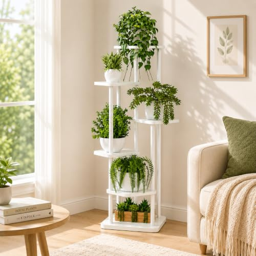 Plant Stand Indoor Tall Metal Corner Shelf for Multiple Plants, Plant Shelf Suitable for Garden, Balcony, Living Room, Bedroom (5 Tier-White&White)