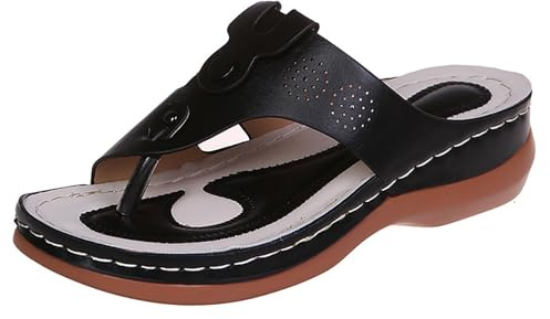 Sandalias Ortopédicas Con Separador De Dedos for Mujer Chanclas Retro Con Tacón De Cuña Zapatillas Con Punta De Clip De Cuero PU De Verano 2024 Flip-Flops De Plataforma Zapatos De Playa ( Color : Blac