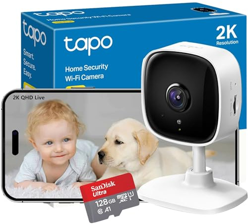 Tapo & SanDisk SD Card Bundle: Wifi Camera, Indoor Camera for Security, 2K 3MP Pet Camera, Wireless 360° for Baby Monitor, sell with 128GB SD Card