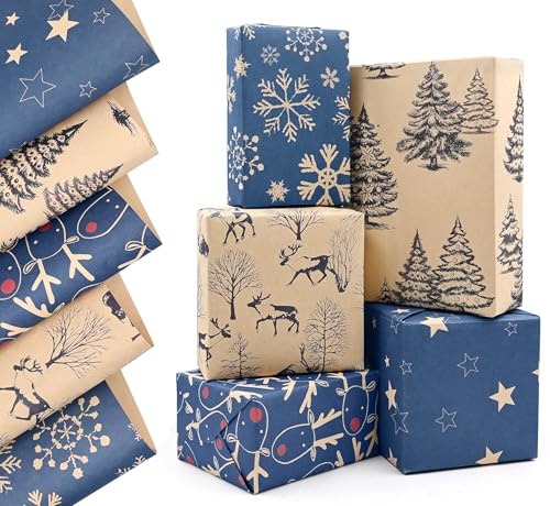 Various Designed Style Xmas Wrapping Paper, QRTDXP 5pcs 50cm*70cm Christmas Kraft Gift Paper Sheets Design for Xmas Day