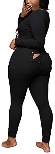 Qianderer Women's Long One Piece Pajamas Butt Button Back Flap Sexy V Neck Jumpsuit Romper Bodycon Bodysuit Sleepwear (Ca Black, XXL)