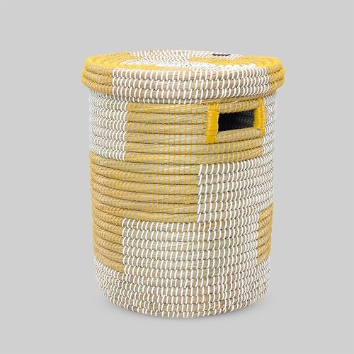 Handmade Natural Straw Laundry Basket with Flat Lid - Elegant Storage Solution (Natural & Yellow, XL)