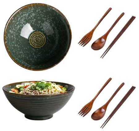 Aartner Ceramic Ramen Bowl Set of 2 with Chopsticks, Fork and Spoon, 1200ml Ramen Bowl Kit Soup Bowl, Ramen Noodle Bowls Microwavable, Ceramic Bowl for Pasta Bowl,Snack,Soup,Salad Bowl (Green)