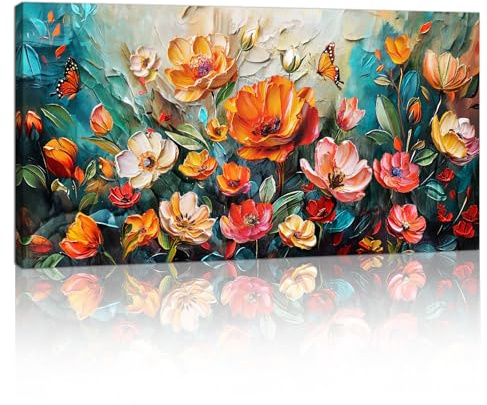 Large Framed Colorful Flowers Canvas Wall Art, Vibrant Vintage Floral Botanical Wall Paintings Orange Red Poppies Pictures on Print Canvas Poster Decor for Living Room Bedroom Hallway 100x50cm