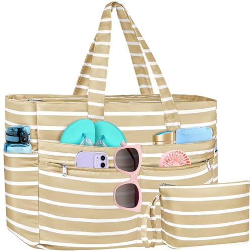 WACCET Borsa Mare Donna Grande, Borsa Spiaggia Donna Impermeabile con Zip Borse Mare Grande XXL Famiglia 50L Pieghevole Leggera Borse Beach Tote Bag per Spiaggia, Viaggio, Vacanza, Piscina