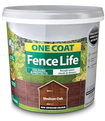 One Coat Fence Life Medium Oak 5L – Weather-Resistant Fence & Shed Stain, Quick-Dry, Long Lasting Wood Protector for Garden Timber