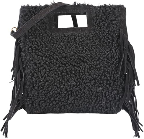 Bea G488 Sac à main pour femme en peluche et daim véritable, avec franges et bandoulière, style bohème, 24 x 25 cm, Noir