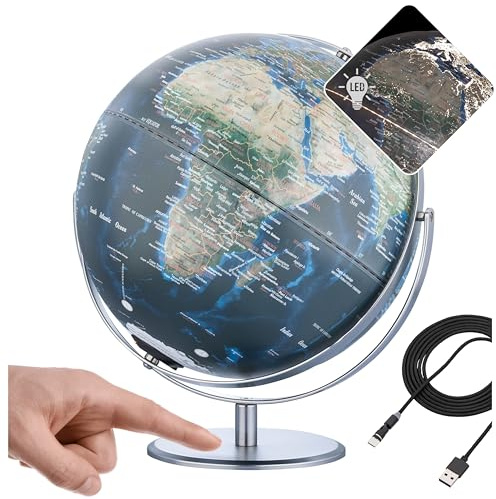 TROIKA Globo terráqueo iluminado con City Lights 30 cm JURI CITY LIGHT FLEX sobre base de metal cromado con dos ejes móviles y módulo de lámpara recargable Sompex de plástico y metal en azul, verde