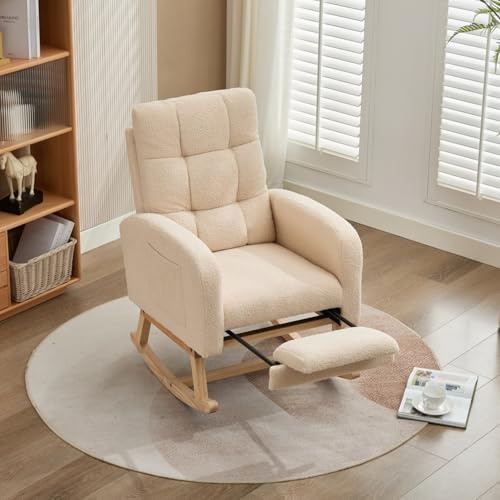 PUGSDRLY Fauteuil à Bascule en Velours Teddy,Rocking Chair,Fauteuil Allaitement,Structure en Bois Massif,Repose-Jambes Dissimulés,pour Salon,Chambre à Coucher,Balcon,Beige