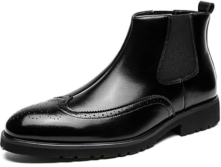 Générique Hommes Bout Pointu Bottines Chelsea Cuir Verni Bottines Courtes À Enfiler Chaussures Vintage Brogue,Noir,47 EU