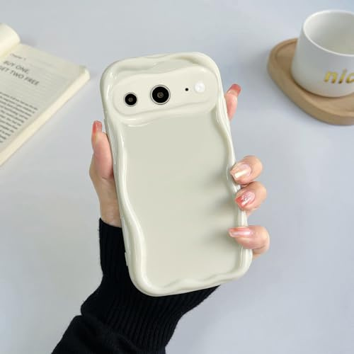 YANJIEER mobilskal för Google Pixel 8, vågig wave design estetiskt och sött, tunt mjukt TPU silikon bumper, stötsäkert skyddsskal för kvinnor tjejer Vit