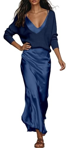 Elegante set di due pezzi composto da una parte superiore in tinta unita e un abito in raso in stile pronto per le donne, perfetto per tutti i giorni, tempo libero, appuntamenti e feste, Blu scuro, M