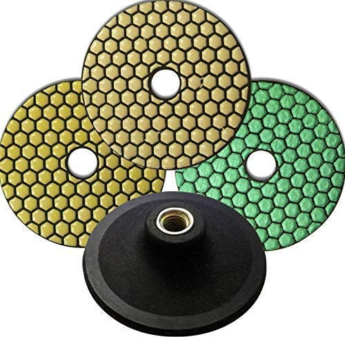 EDW Profi Diamant-Schleifpad Set, Trocken, D = 100 mm, Körnung 100 + 200 + Polierer, Klett-Aufnahmeteller M14, für Naturstein, Granit, Feinsteinzeug, Fliesen, Keramik, Kunststein, Glas, Marmor