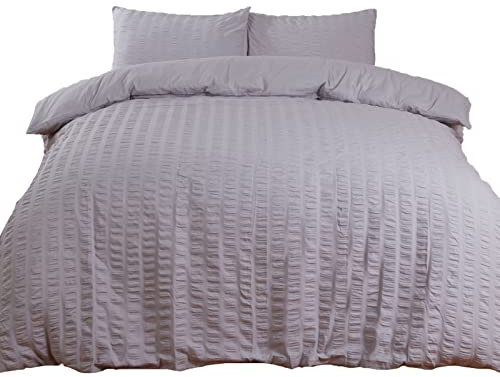 Highams Seersucker Duvet Cover with Pillow Case Bedding Set, Silver Grey - King