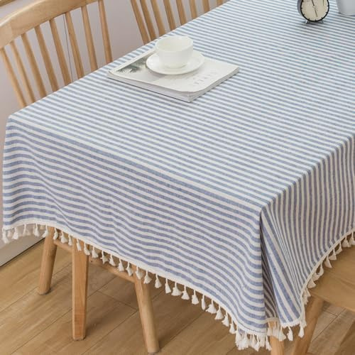 TruDelve Boho Cloth Tablecloth Blue and White Striped Rectangular Tablecloths Cotton Fabric Tablecloths for Rectangle Tables (Blue,86x55,Rectangular)