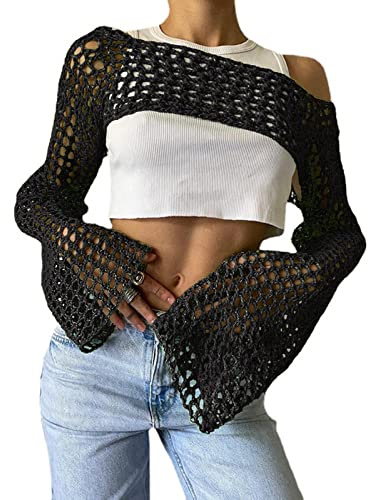 Bnigung Top corto da donna in maglia all'uncinetto, coprispalle sexy Y2k scava fuori maglione lavorato a maglia ritagliato vedere attraverso bikini copricostume