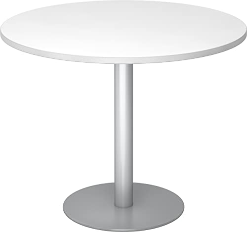 bümö Besprechungstisch, Esstisch klein, Tisch rund 100 cm - Kleiner Esstisch weiß, Rundtisch Esstisch 2 Personen mit Holz-Platte, Säule aus Metall in Silber, Konferenztisch, Bistrotisch
