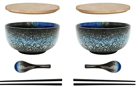 Ramen Schüssel Keramik 2 Set (8 Stück) mit Löffel Essstäbchen，1100 ML Großer Suppenschüssel,Salatschüsseln Für Suppe, Pho und Sushi Bowl (Blaue Schale 2 Set)