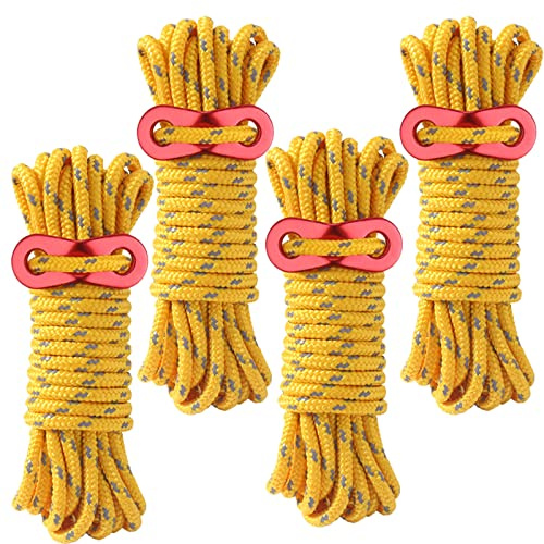 Camping tent guy ropes, AOPANDA Outdoor Guy Lines Tent Cords, with Aluminum Alloy Buckle for camping rope, Suitable for Camping, Hiking, Outdoor Sports(4mm,13ft，yellow，4pack)