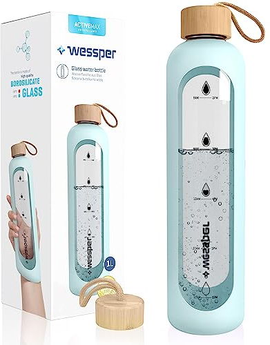 Wessper Trinkflasche Glas 1 Liter, Motivations wasser glasflasche mit Hydrationsskala, borosilikatglas flasche mit Silikonhülle, bpa freie Trinkflaschen - Hellblau