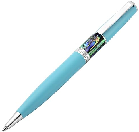 Xezo Speed Master Stylo à bille à mécanisme tournant, pointe moyenne. Bleu ciel mat avec coquille de Pāua abalone. Plaqué chrome. Corps en laiton léger. Chaque pièce unique