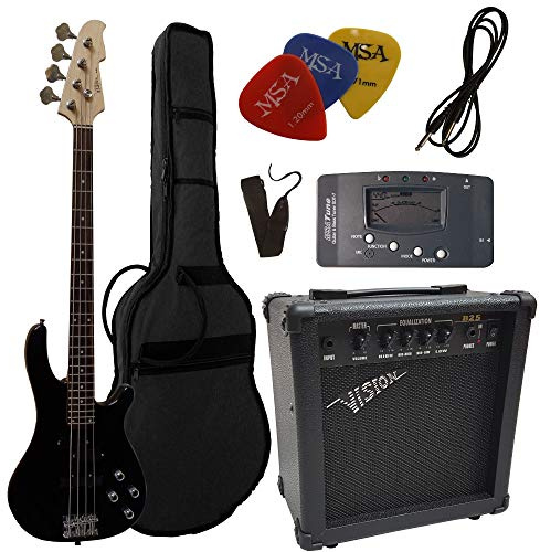 MSA basse electrique noir noir, SET Ensemble avec amplificateur 30 watts, sac, cordes, plectre, tuner