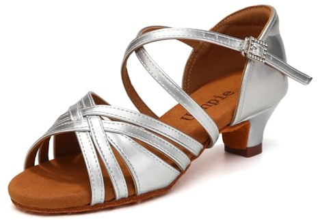 Uonpie Latino-lounge dansskor för kvinnor 4 cm klack dansskor för barn i satin, Silver, 30 EU