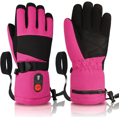 Heated Gloves for Kids, 3-Heat Settings Winter Gloves, Rechargeable Batteries, Water Resistant Windproof Kids Ski Gloves with Grip, Ideal for Skiing, Snowball Fights, Cycling, Gift (Pink, Large)