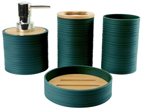 Hosoncovy 4 Pcs Bathroom Container Set Bathroom Accessory Set with Soap Dispenser, Bathroom Cup, Soap Dish ，Toothbrush and Toothpaste Holder (Dark Green)