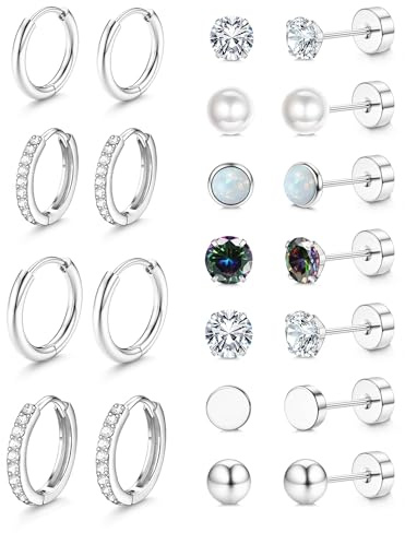 Jstyle Hypoallergenic Silver Stud Hoop Earrings for Women Small Flat Back Surgical Stainless Steel Earrings for Sensitive Ears Trendy Silver Hoops Cartilage Earring Stack Set Multiple Piercing Jewelry