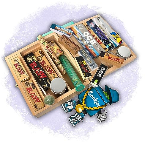 BIGSMOKESUPPLIES - Smokers Cigarette Rolling Box Gift Set/OCB Papers Cones Tips Mylar Poptops/Travel Wooden Hamper