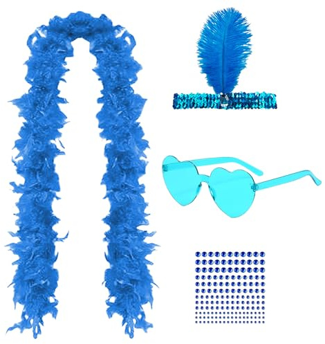 GWAWG Boa de plumas, gafas de sol sin montura de corazón, diamantes de imitación faciales y banda para el pelo, boa de plumas esponjosas, adecuada para Halloween, Navidad, Cosplay (Blue)