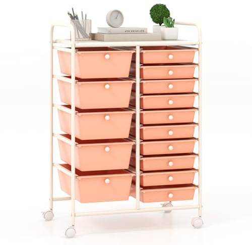 COSTWAY Carrello con 15 Cassetti Impilabili, Carrello di Stoccaggio con Ruote, Carello Portaoggetti per Casa e Ufficio, 62,5 x 37 x 87 cm (Arancia)
