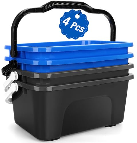 3 Gallon Mop Cleaning Bucket with Handle,4 Pcs Compact Square Plastic Bucket for Window Cleaning,Car Washing, Mopping & Household Cleaning Supplies Organizer Wash Water Bucket for Storage Blue Grey