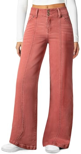 Sidefeel Jeans for Women High Waisted Stretchy Wide Leg Trendy Loose Straight Leg Seamed Front Denim Pants Mineral Red Size 16