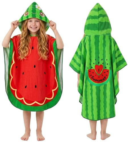 PinkSheep Asciugamano con cappuccio per bambini, asciugamano a poncho per bambini, 100% cotone, 75 x 140 cm, telo da spiaggia per piscina, bagno, nuoto, ragazze e ragazzi, età 3-6 anni (anguria)