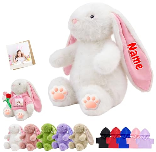 FAHOXUMR Lapin De Pâques en Peluche Personnalisé avec Photo Et Nom, Jouet en Peluche Customisé comme Cadeaux De Pâques Personnalisés pour Bébé À Pâques Noël Et Saint Valentin, 30cm