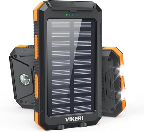 Vikeri Solar Power Bank 26800mAh, Portable Fast Charging | 4 output ports, waterproof IP67, flashlight & compass, outdoor camping, compatible smartphones & tablets, orange